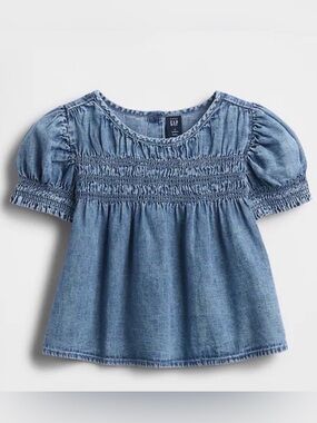 GAP Light Blue Denim Smocked Puff-Sleeve Top